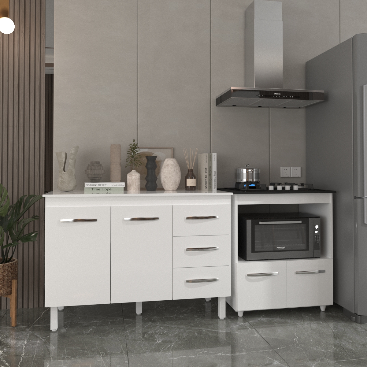 Balcão Armário Gabinete Bruna 118 cm com Tampo Tampão e Balcão Evelyn para Cooktop 4 Bocas Branco 