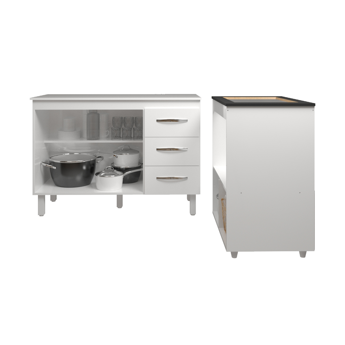 Balcão Armário Gabinete Bruna 118 cm com Tampo Tampão e Balcão Evelyn para Cooktop 4 Bocas Branco 