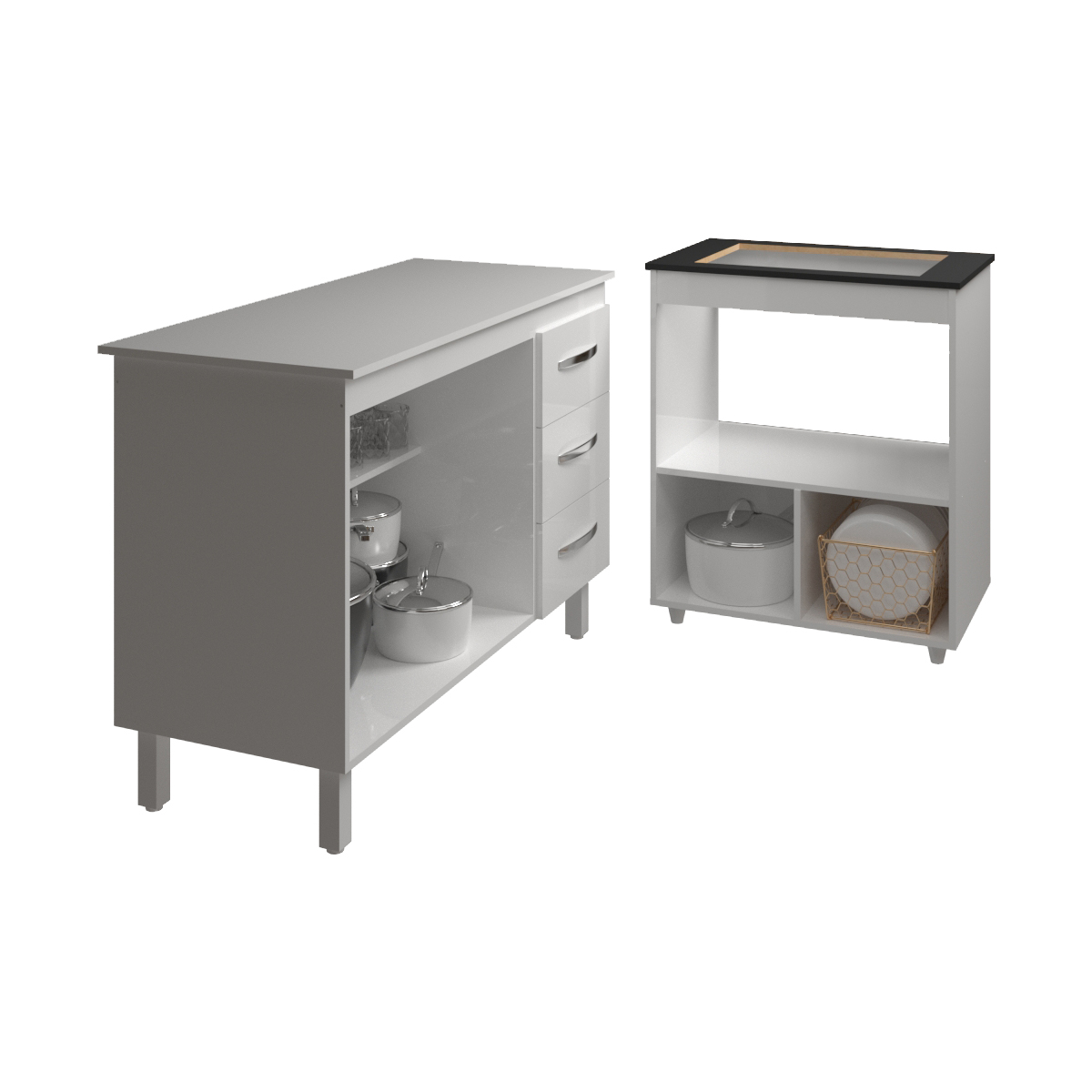 Balcão Armário Gabinete Bruna 118 cm com Tampo Tampão e Balcão Evelyn para Cooktop 4 Bocas Branco 