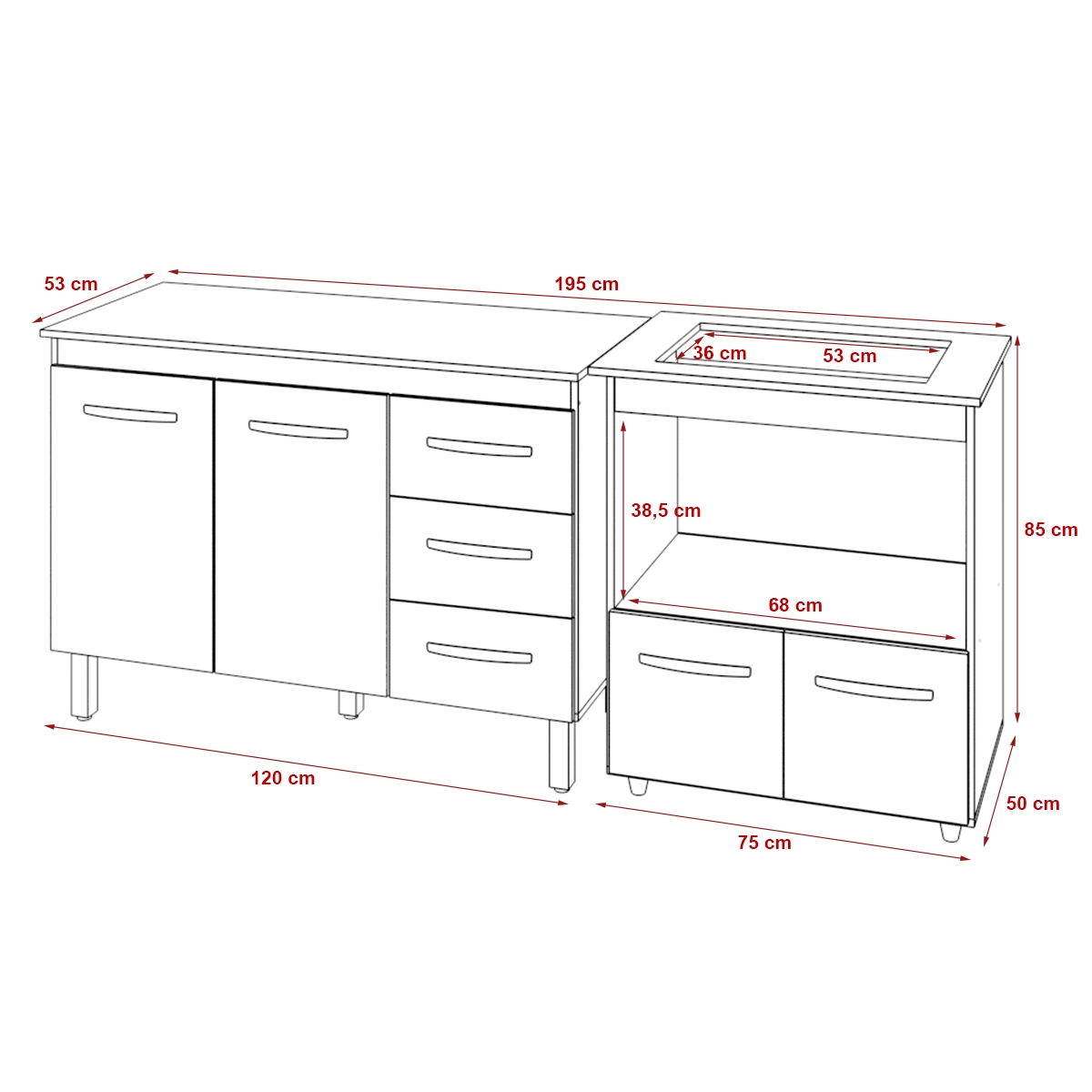Balcão Armário Gabinete Bruna 118 cm com Tampo Tampão e Balcão Evelyn para Cooktop 4 Bocas Branco 