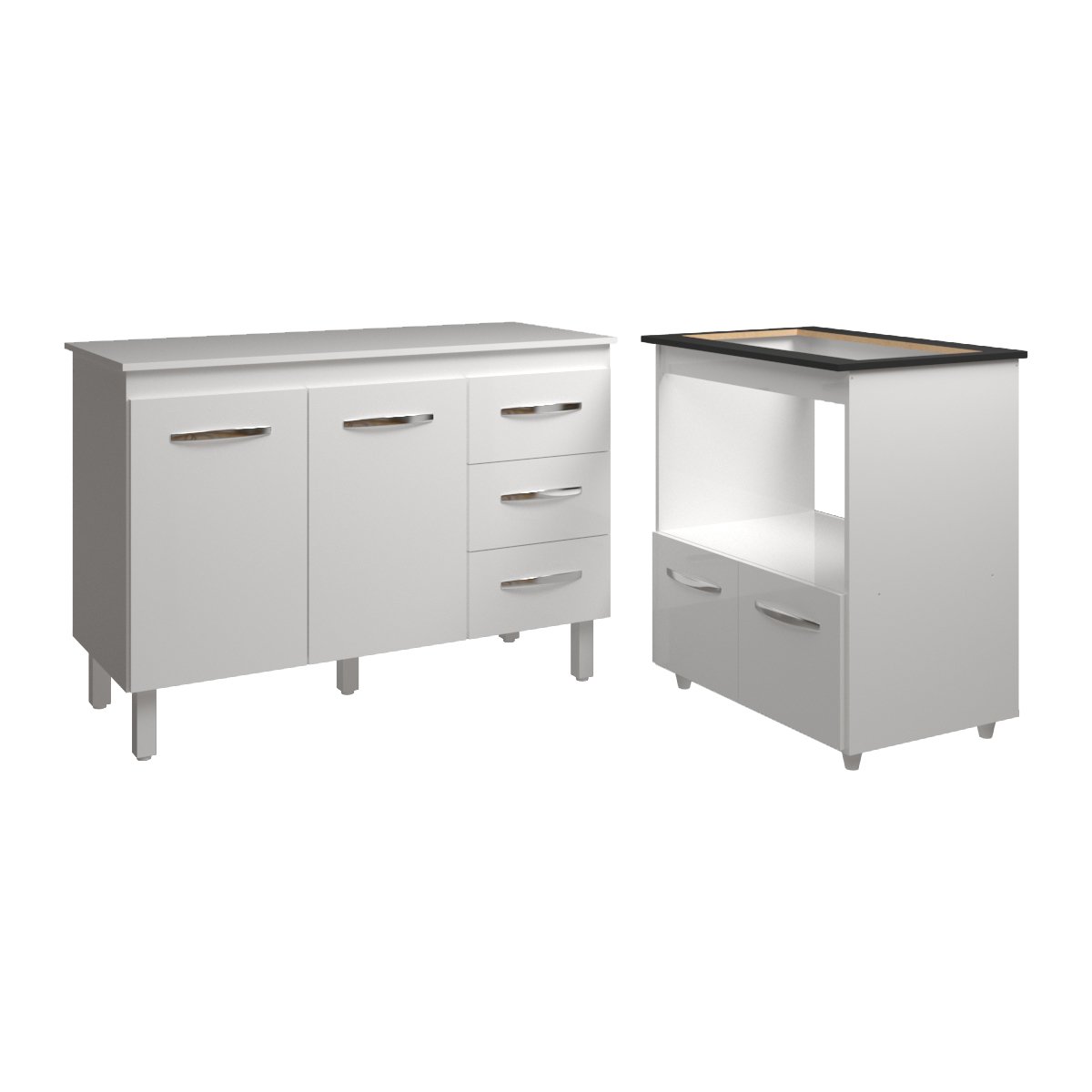 Balcão Armário Gabinete Bruna 118 cm com Tampo Tampão e Balcão Evelyn para Cooktop 5 Bocas Branco 