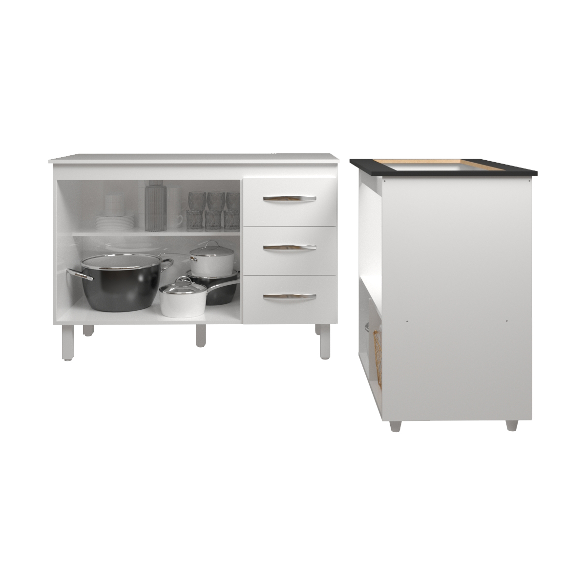 Balcão Armário Gabinete Bruna 118 cm com Tampo Tampão e Balcão Evelyn para Cooktop 5 Bocas Branco 