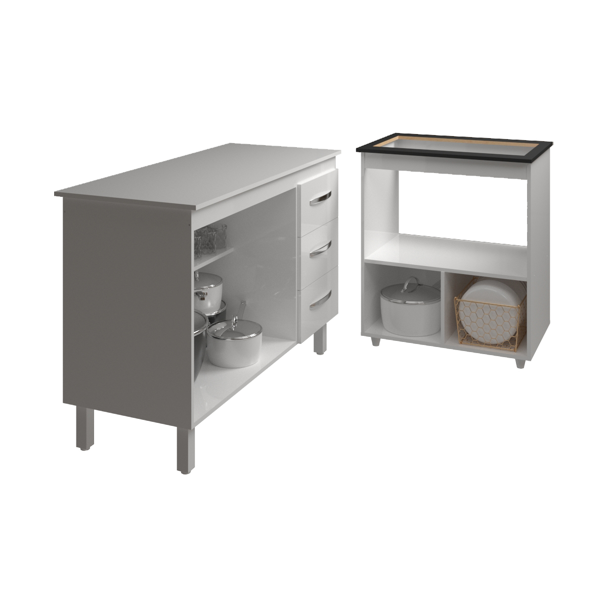 Balcão Armário Gabinete Bruna 118 cm com Tampo Tampão e Balcão Evelyn para Cooktop 5 Bocas Branco 