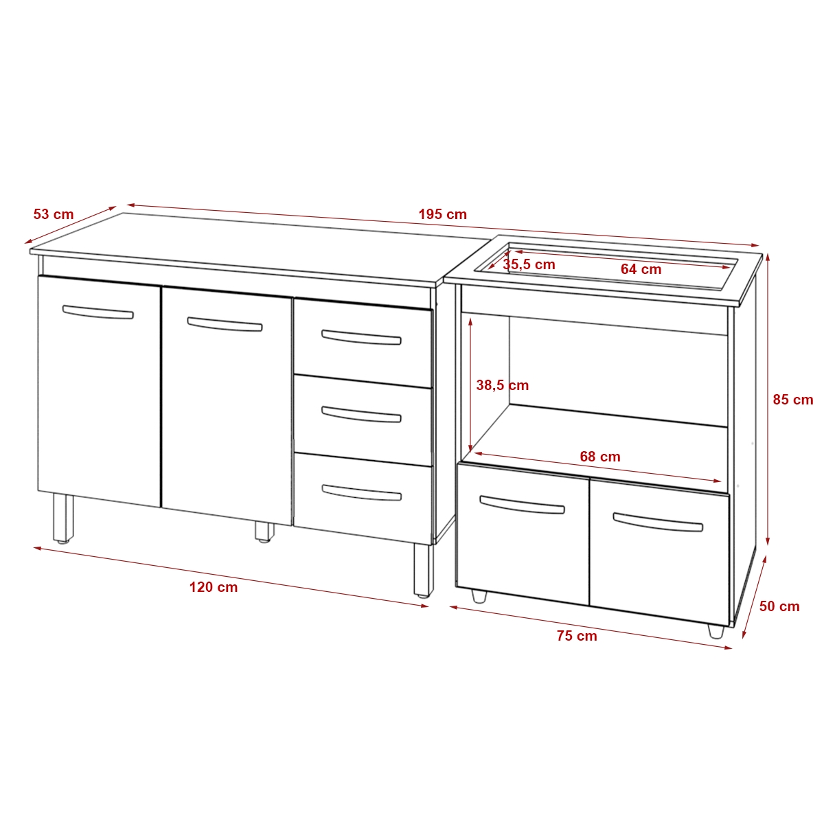 Balcão Armário Gabinete Bruna 118 cm com Tampo Tampão e Balcão Evelyn para Cooktop 5 Bocas Branco 