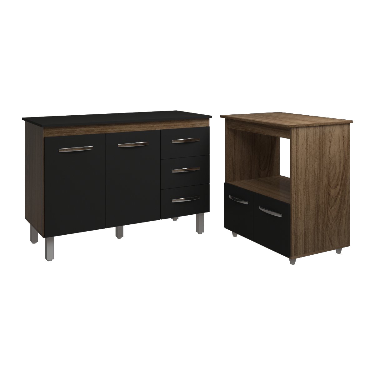 Balcão Armário Gabinete Bruna 118 cm com Tampo e Balcão Amanda para Forno e Microondas Savana Preto 