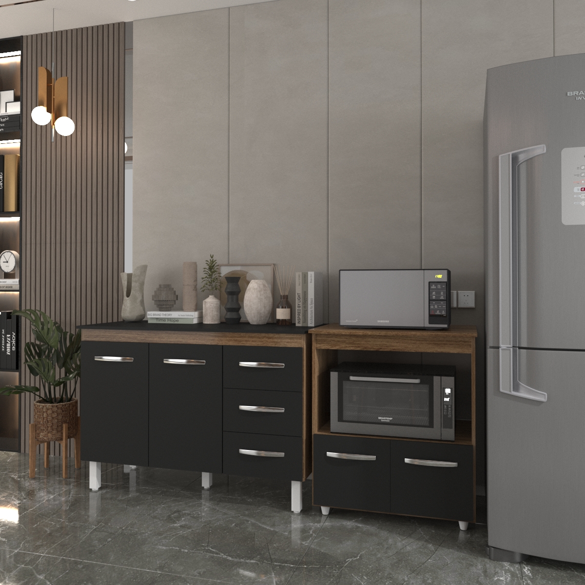 Balcão Armário Gabinete Bruna 118 cm com Tampo e Balcão Amanda para Forno e Microondas Savana Preto 