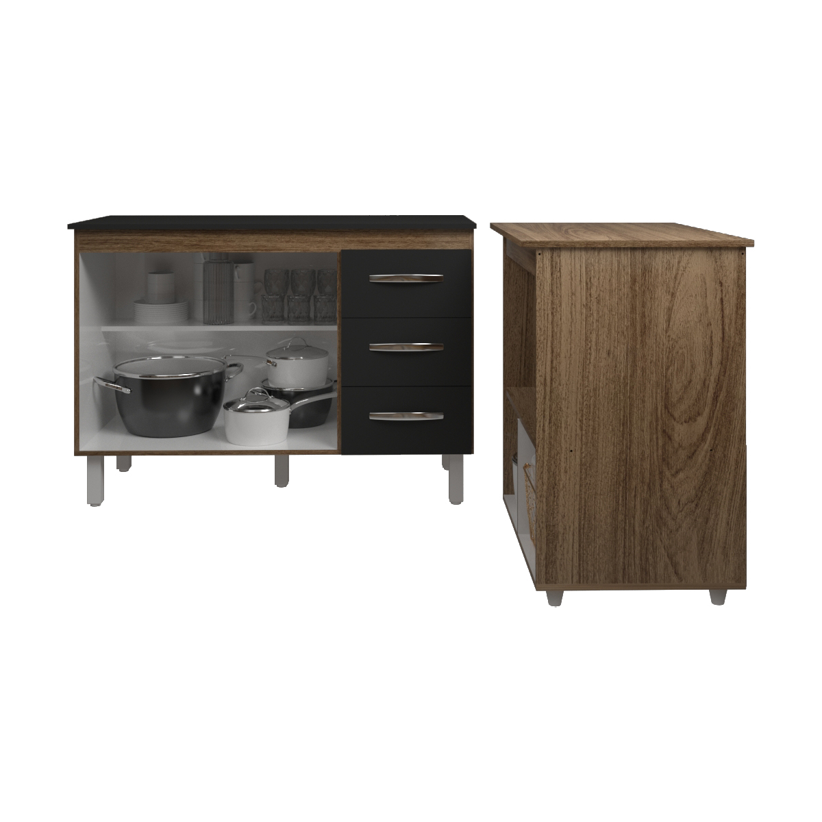 Balcão Armário Gabinete Bruna 118 cm com Tampo e Balcão Amanda para Forno e Microondas Savana Preto 