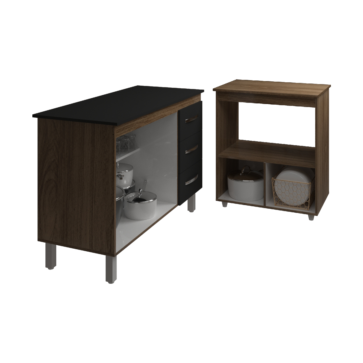 Balcão Armário Gabinete Bruna 118 cm com Tampo e Balcão Amanda para Forno e Microondas Savana Preto 