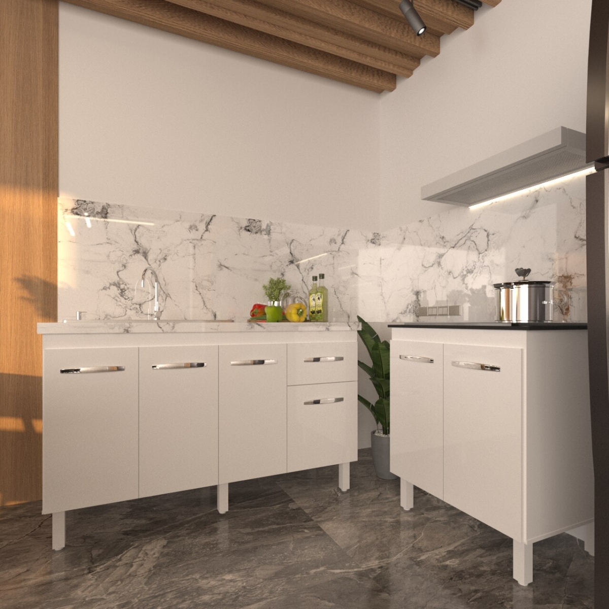 Balcão Armário Gabinete Para Pia 138 cm Camila e Balcão Fran Para Cooktop 4 Bocas Branco 