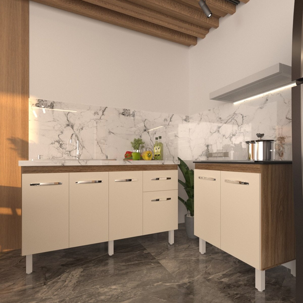 Balcão Armário Gabinete Para Pia 138 cm Camila e Balcão Fran Para Cooktop 4 Bocas Savana Off White 