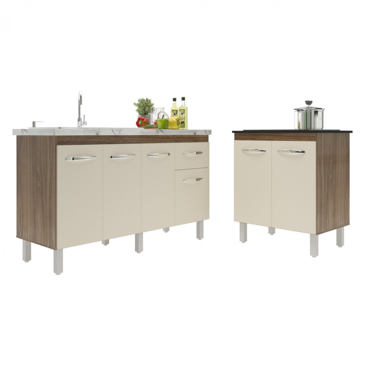 Balcão Armário Gabinete Para Pia 138 cm Camila e Balcão Fran Para Cooktop 4 Bocas Savana Off White 