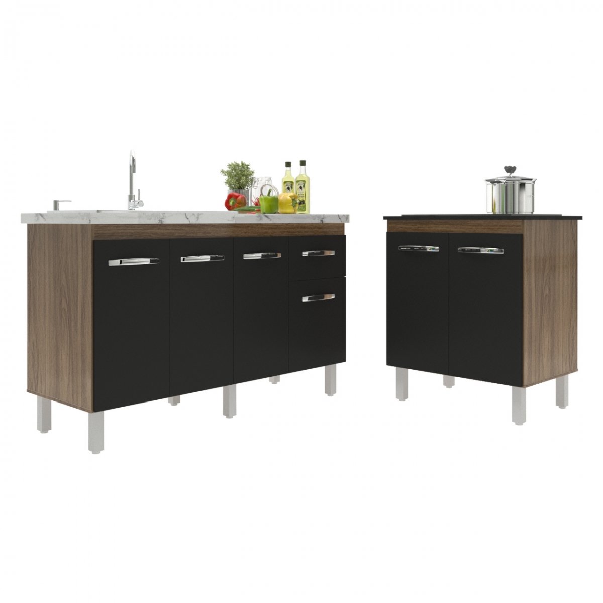 Balcão Armário Gabinete Para Pia 138 cm Camila e Balcão Fran Para Cooktop 4 Bocas Savana Preto 