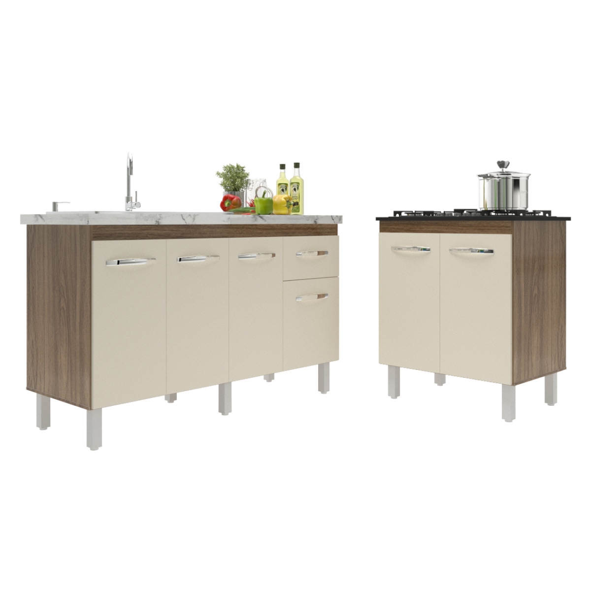 Balcão Armário Gabinete Para Pia 138 cm Camila e Balcão Para Cooktop 5 Bocas Fran Savana Off White 