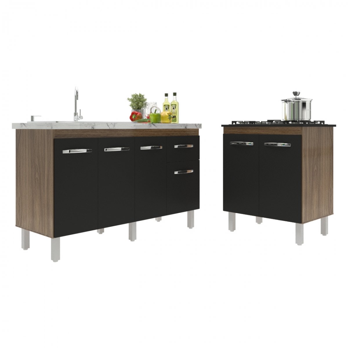 Balcão Armário Gabinete Para Pia 138 cm Camila e Balcão Para Cooktop 5 Bocas Fran Savana Preto 