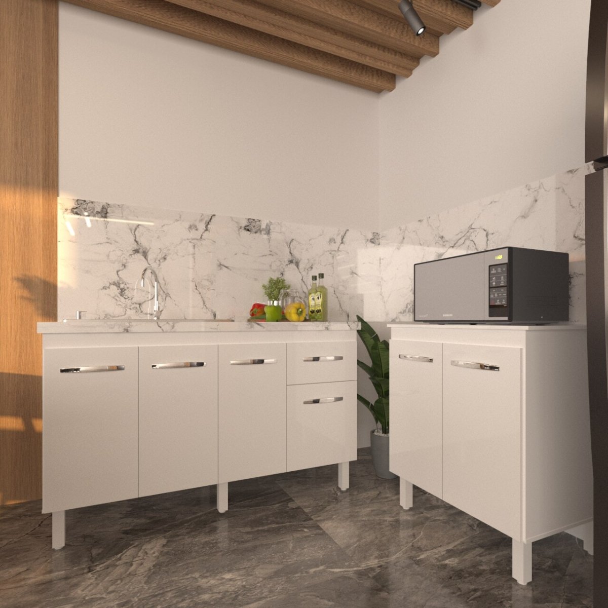 Balcão Armário Gabinete Para Pia 138 cm Camila e Balcão Para Microondas ou Forno Elétrico Jane Branco 