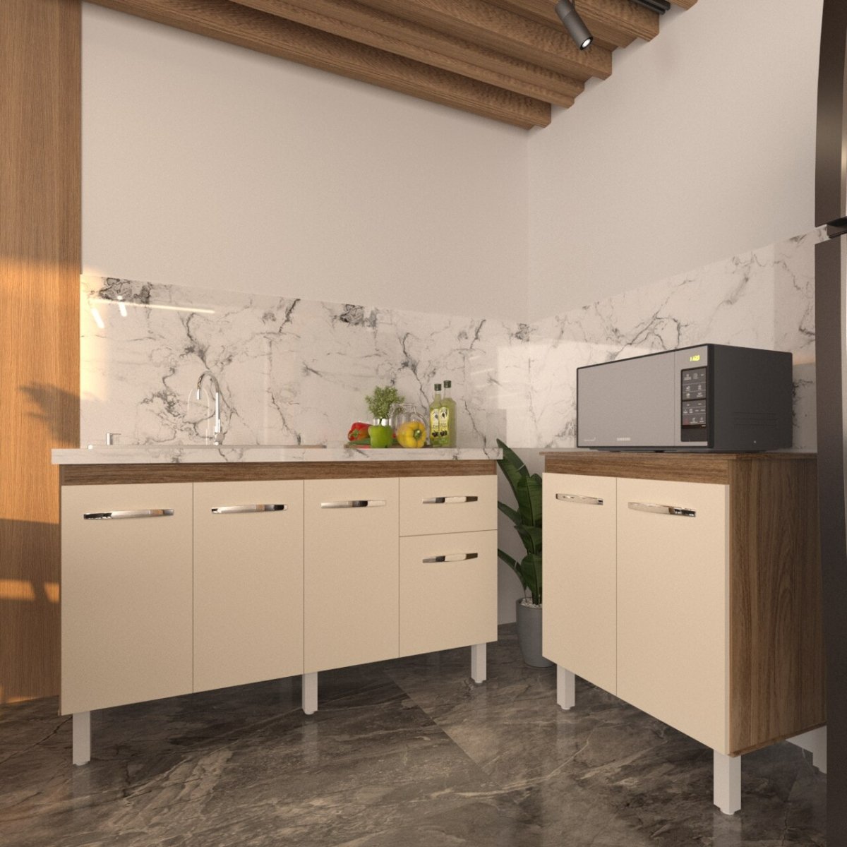 Balcão Armário Gabinete Para Pia 138 cm Camila e Balcão Para Microondas ou Forno Elétrico Jane Savana Off White 