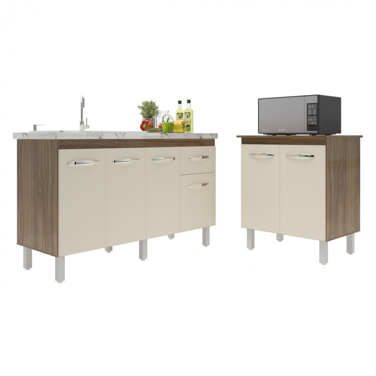 Balcão Armário Gabinete Para Pia 138 cm Camila e Balcão Para Microondas ou Forno Elétrico Jane Savana Off White 