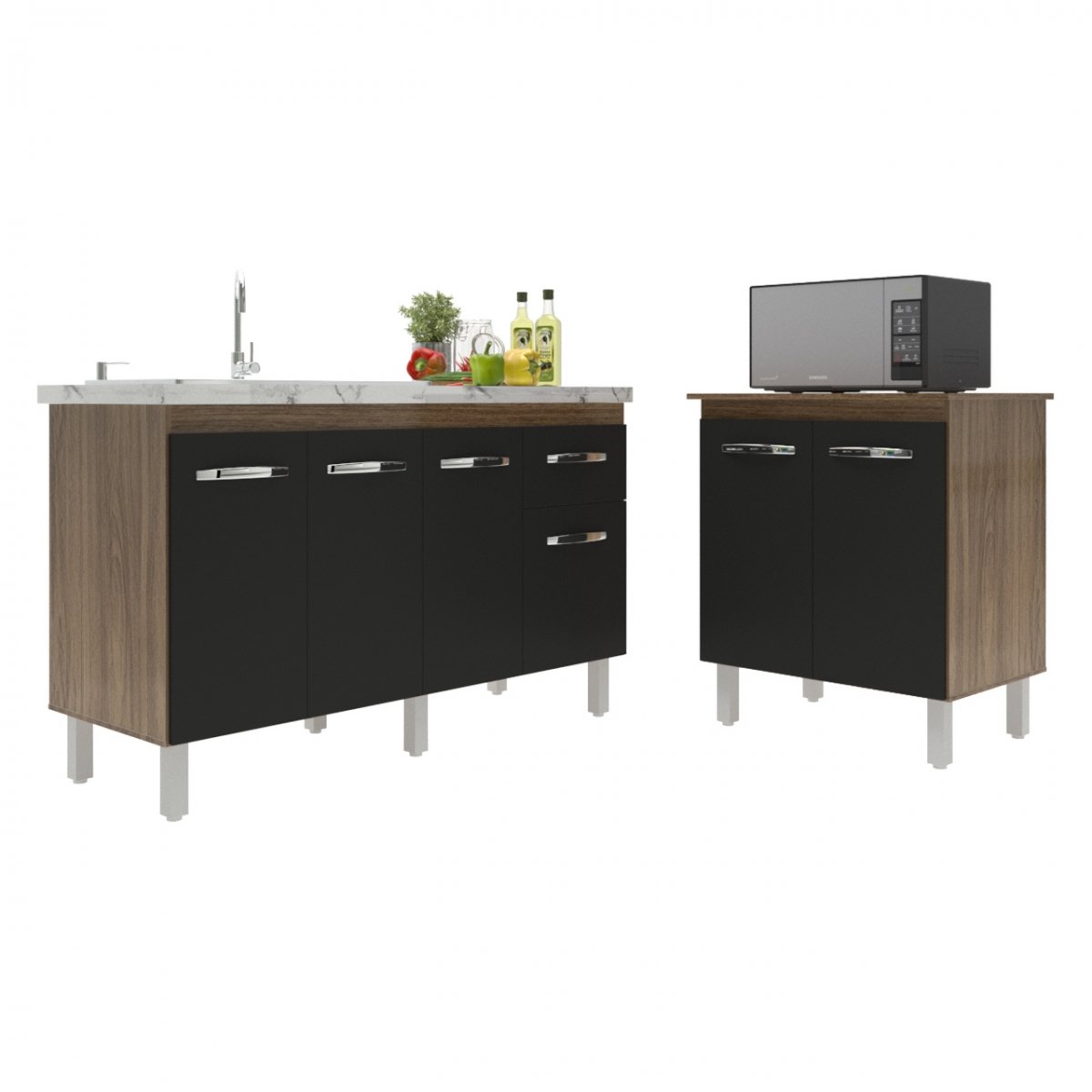 Balcão Armário Gabinete Para Pia 138 cm Camila e Balcão Para Microondas ou Forno Elétrico Jane Savana Preto 