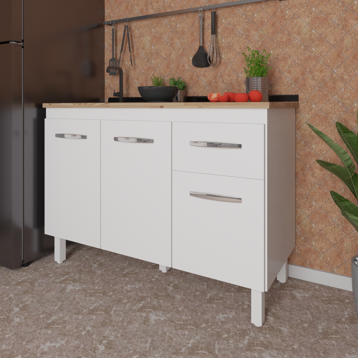 Balcão Armário Gabinete Para Pia de Cozinha 118 cm Aline 3 Portas e 1 Gaveta Branco 