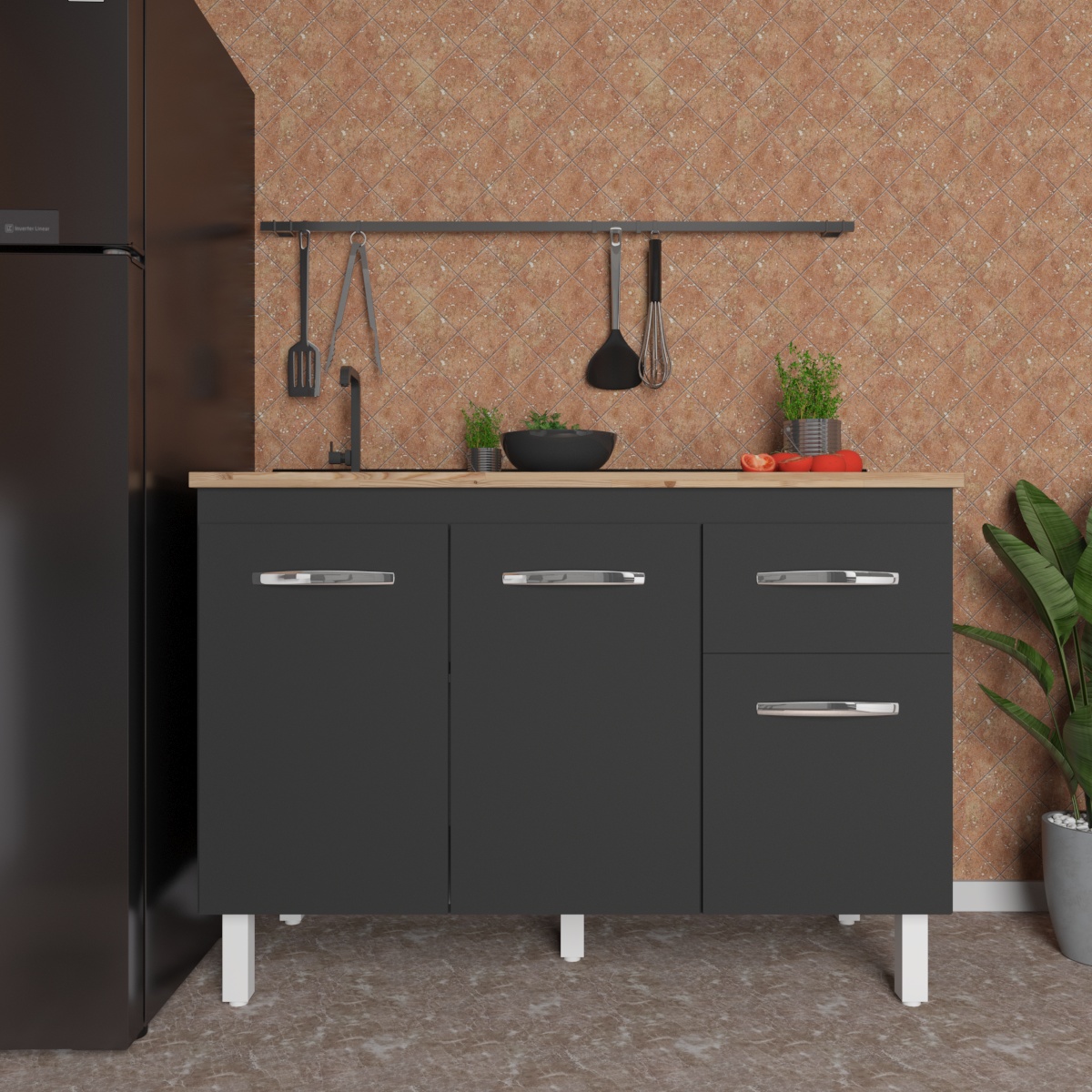 Balcão Armário Gabinete Para Pia de Cozinha 118 cm Aline 3 Portas e 1 Gaveta Preto 