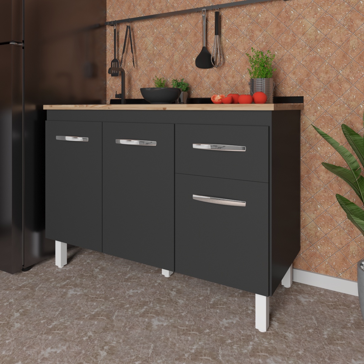 Balcão Armário Gabinete Para Pia de Cozinha 118 cm Aline 3 Portas e 1 Gaveta Preto 