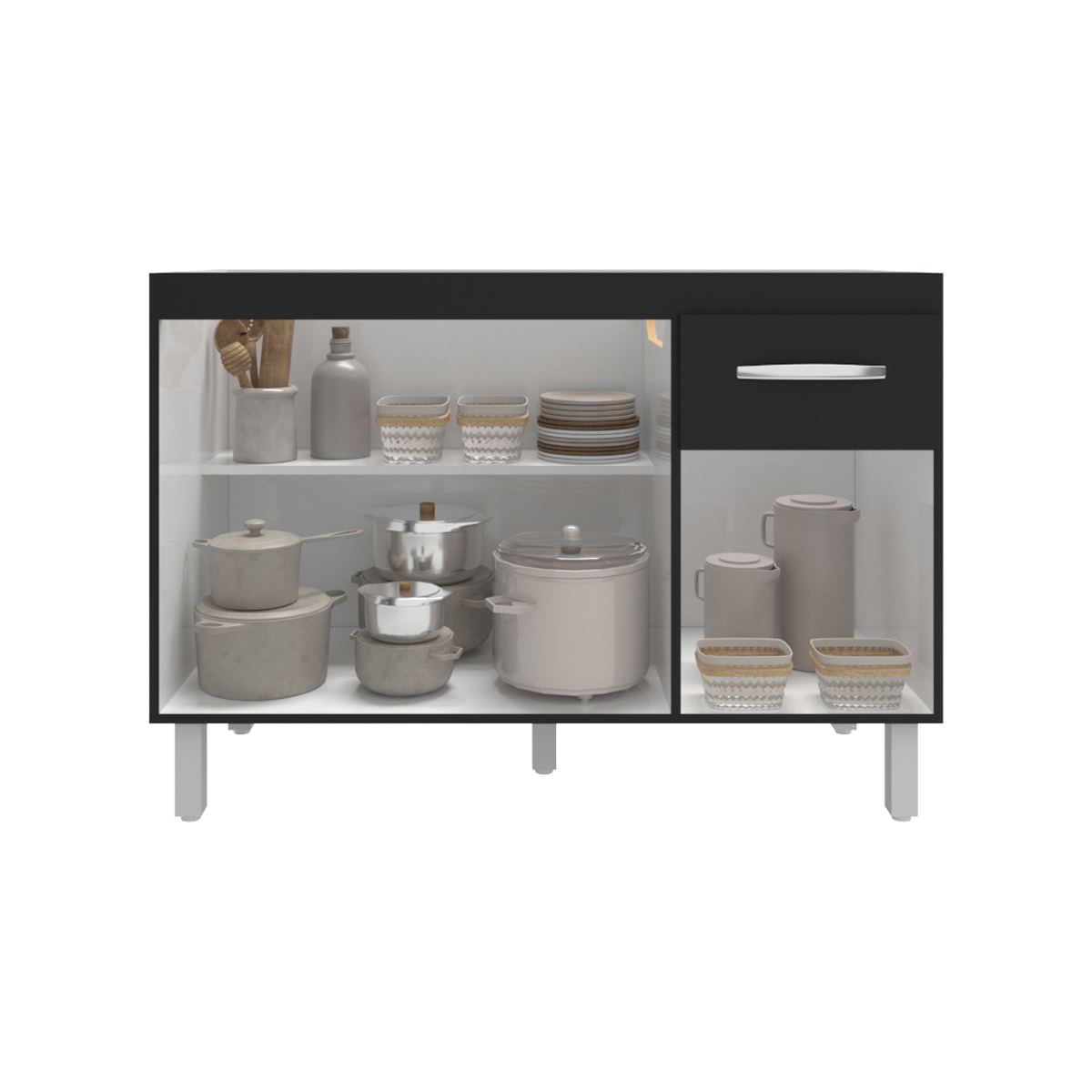 Balcão Armário Gabinete Para Pia de Cozinha 118 cm Aline 3 Portas e 1 Gaveta Preto 