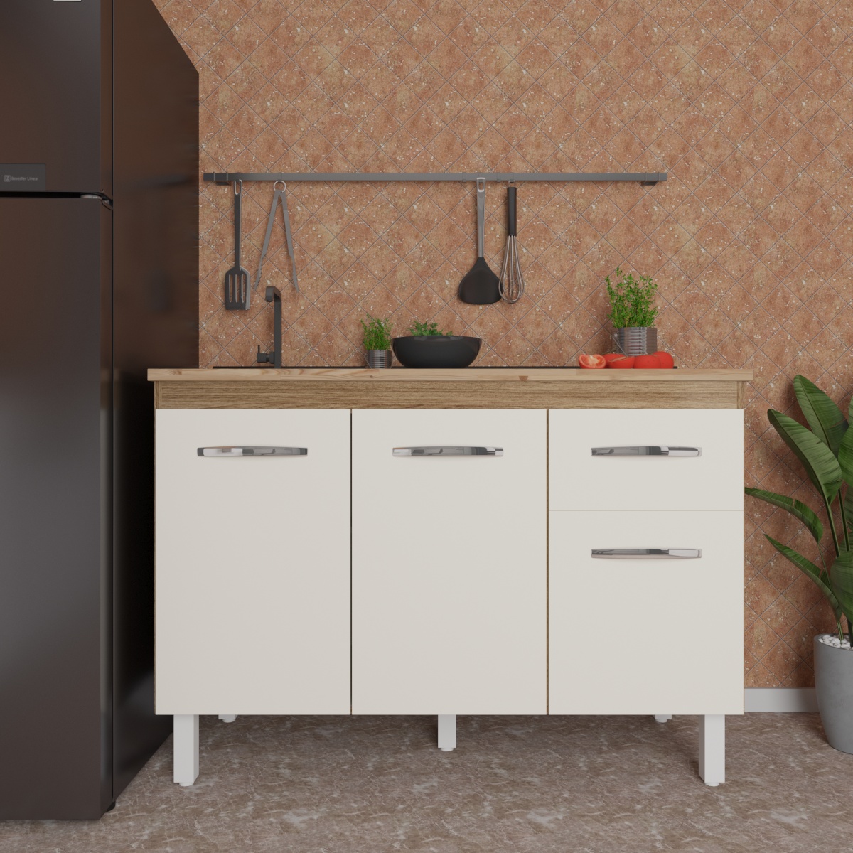 Balcão Armário Gabinete Para Pia de Cozinha 118 cm Aline 3 Portas e 1 Gaveta Savana Off White 