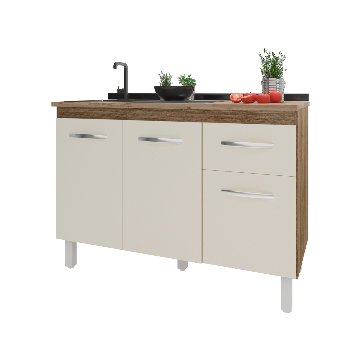 Balcão Armário Gabinete Para Pia de Cozinha 118 cm Aline 3 Portas e 1 Gaveta Savana Off White 