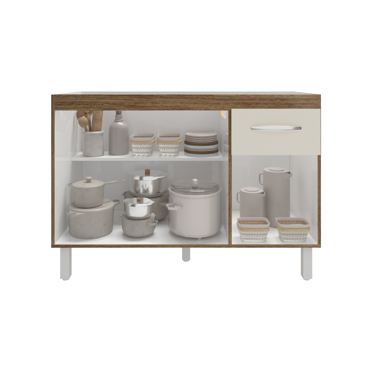 Balcão Armário Gabinete Para Pia de Cozinha 118 cm Aline 3 Portas e 1 Gaveta Savana Off White 