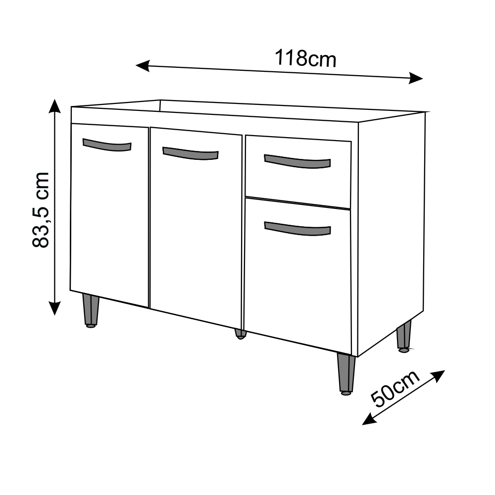 Balcão Armário Gabinete Para Pia de Cozinha 118 cm Aline 3 Portas e 1 Gaveta Savana Off White 