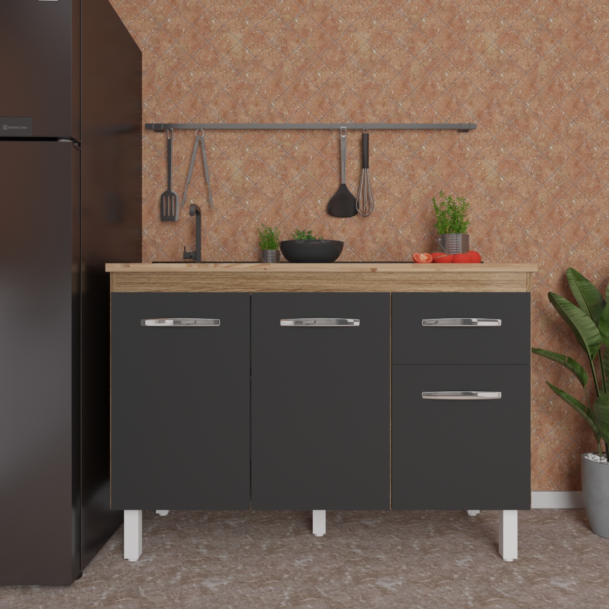 Balcão Armário Gabinete Para Pia de Cozinha 118 cm Aline 3 Portas e 1 Gaveta Savana Preto 