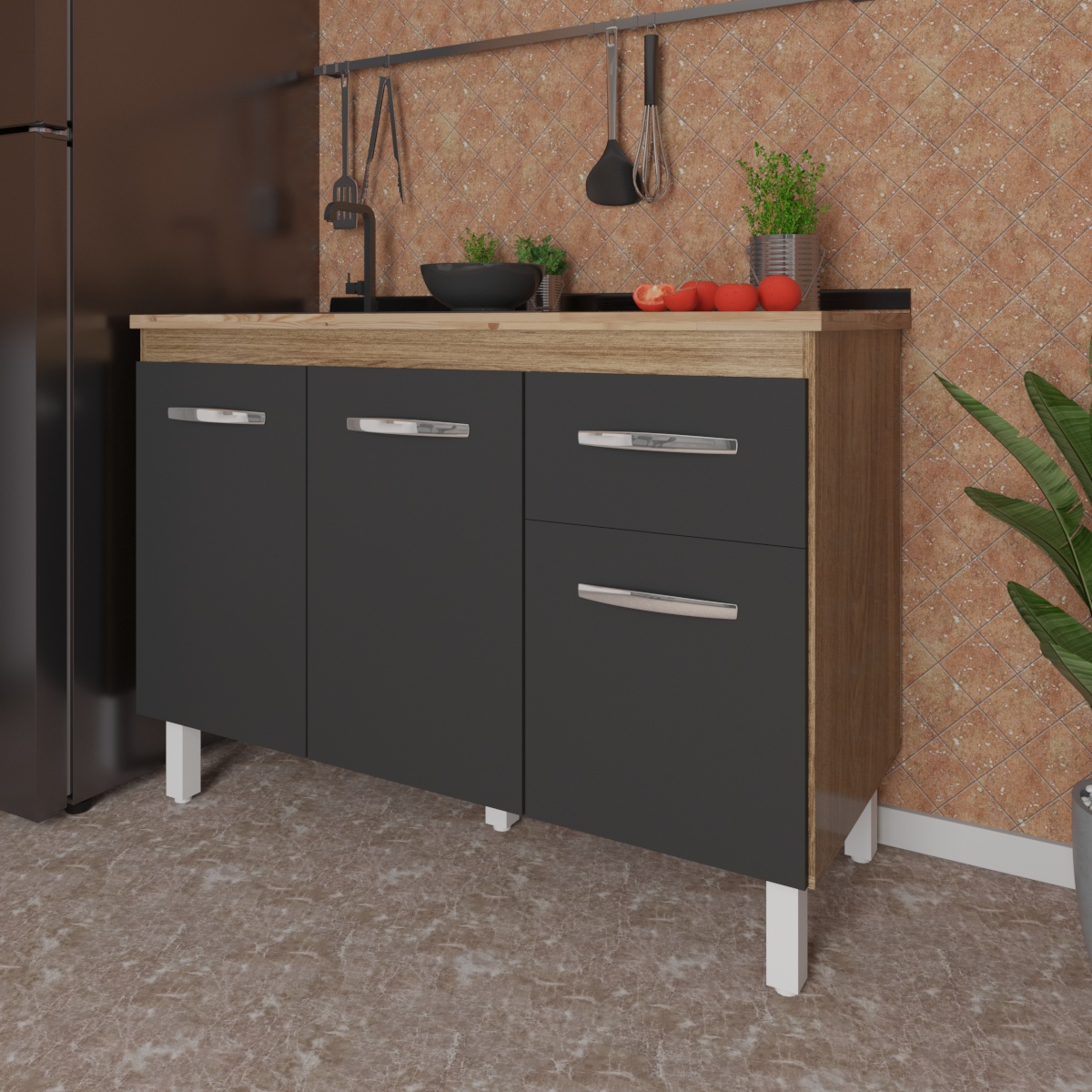Balcão Armário Gabinete Para Pia de Cozinha 118 cm Aline 3 Portas e 1 Gaveta Savana Preto 