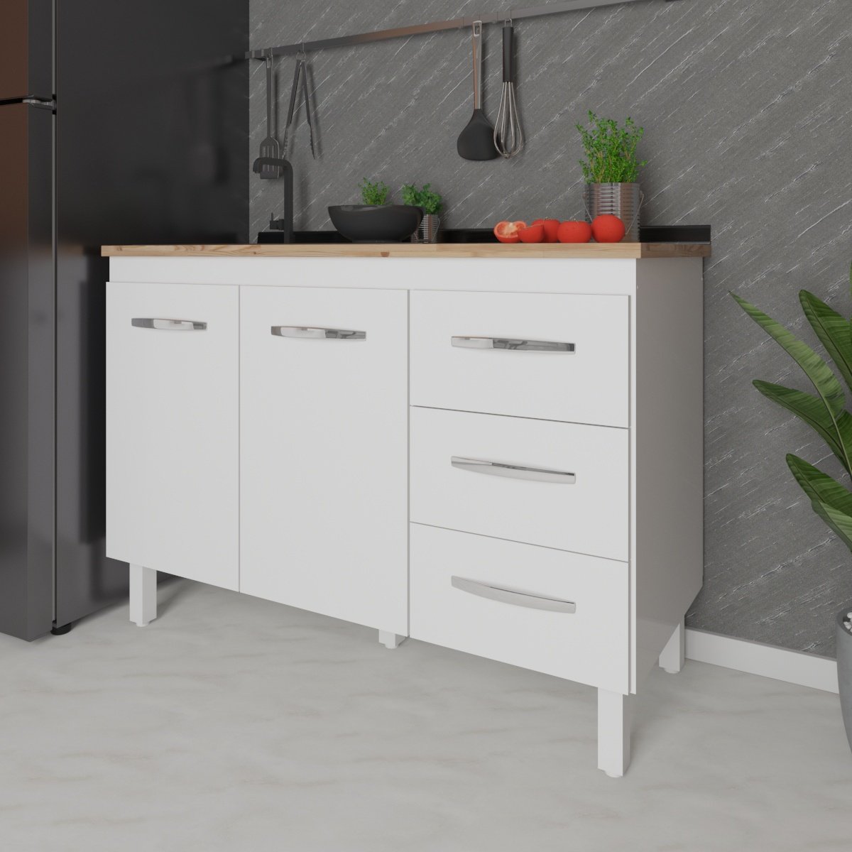 Balcão Armário Gabinete Para Pia de Cozinha 118 cm Bruna 2 Portas e 3 Gaveta Branco 