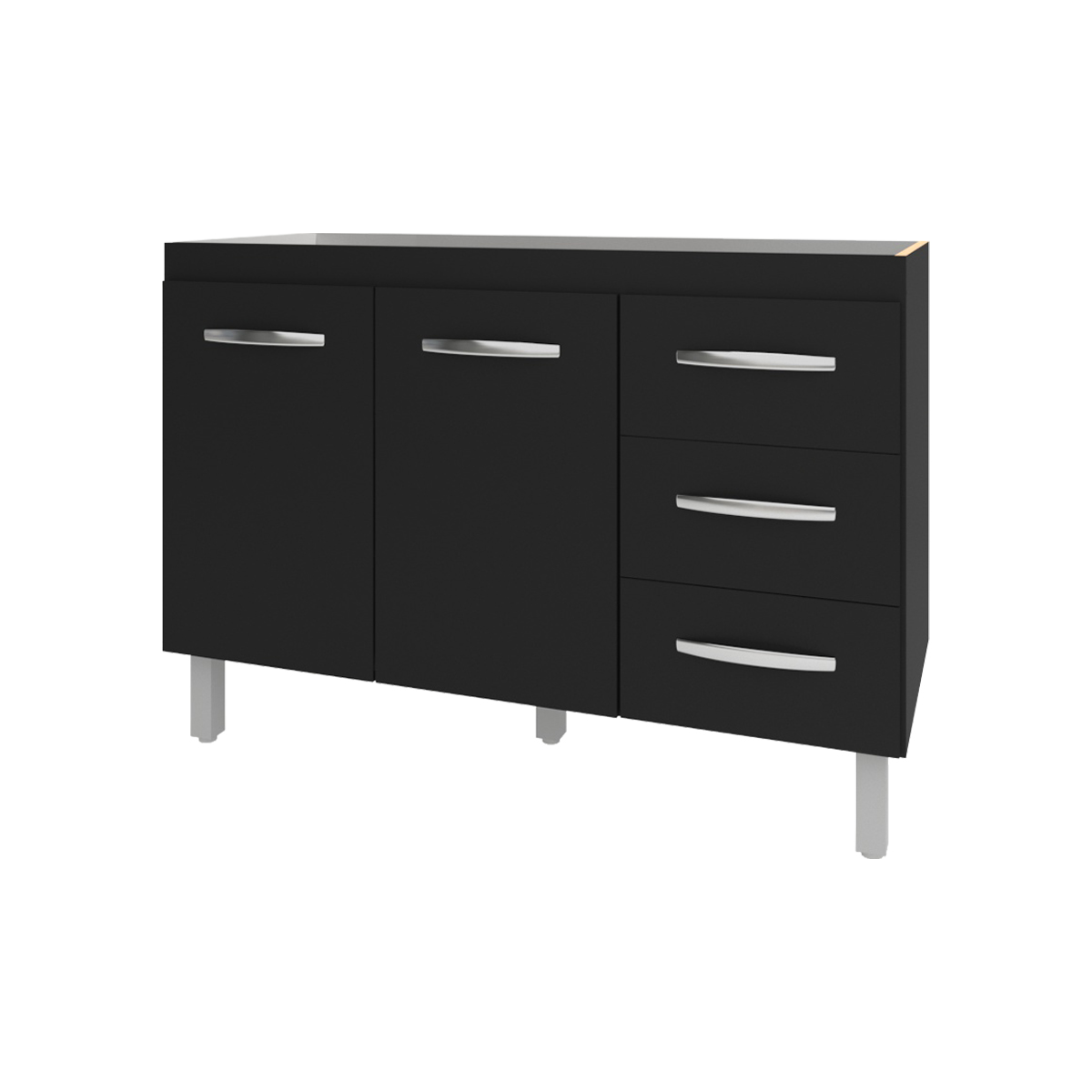 Balcão Armário Gabinete Para Pia de Cozinha 118 cm Bruna 2 Portas e 3 Gaveta Preto 