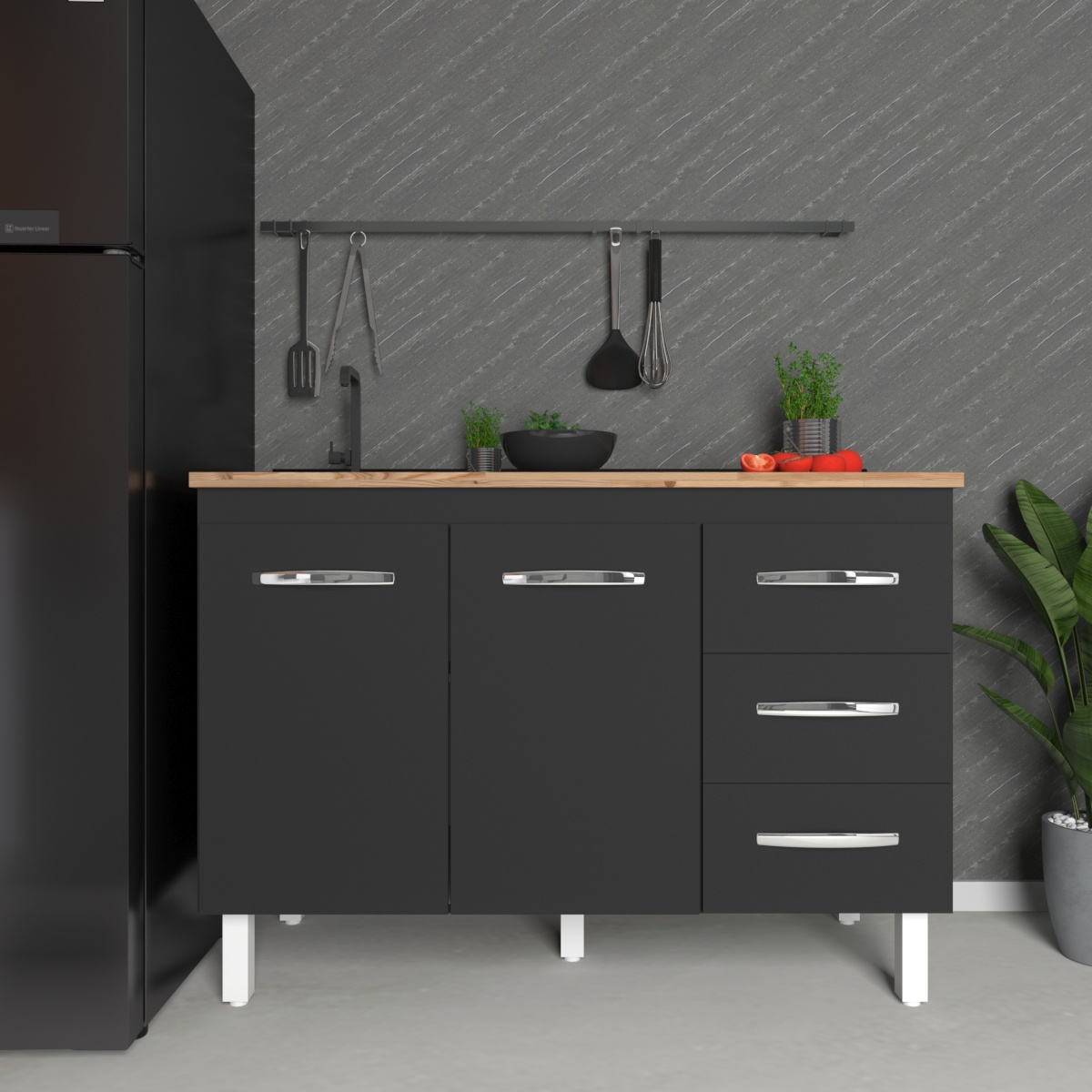 Balcão Armário Gabinete Para Pia de Cozinha 118 cm Bruna 2 Portas e 3 Gaveta Preto 