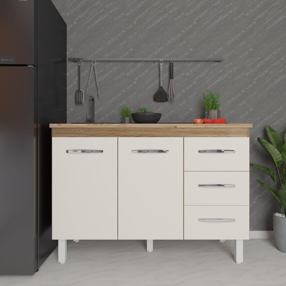 Balcão Armário Gabinete Para Pia de Cozinha 118 cm Bruna 2 Portas e 3 Gaveta Savana Off White 