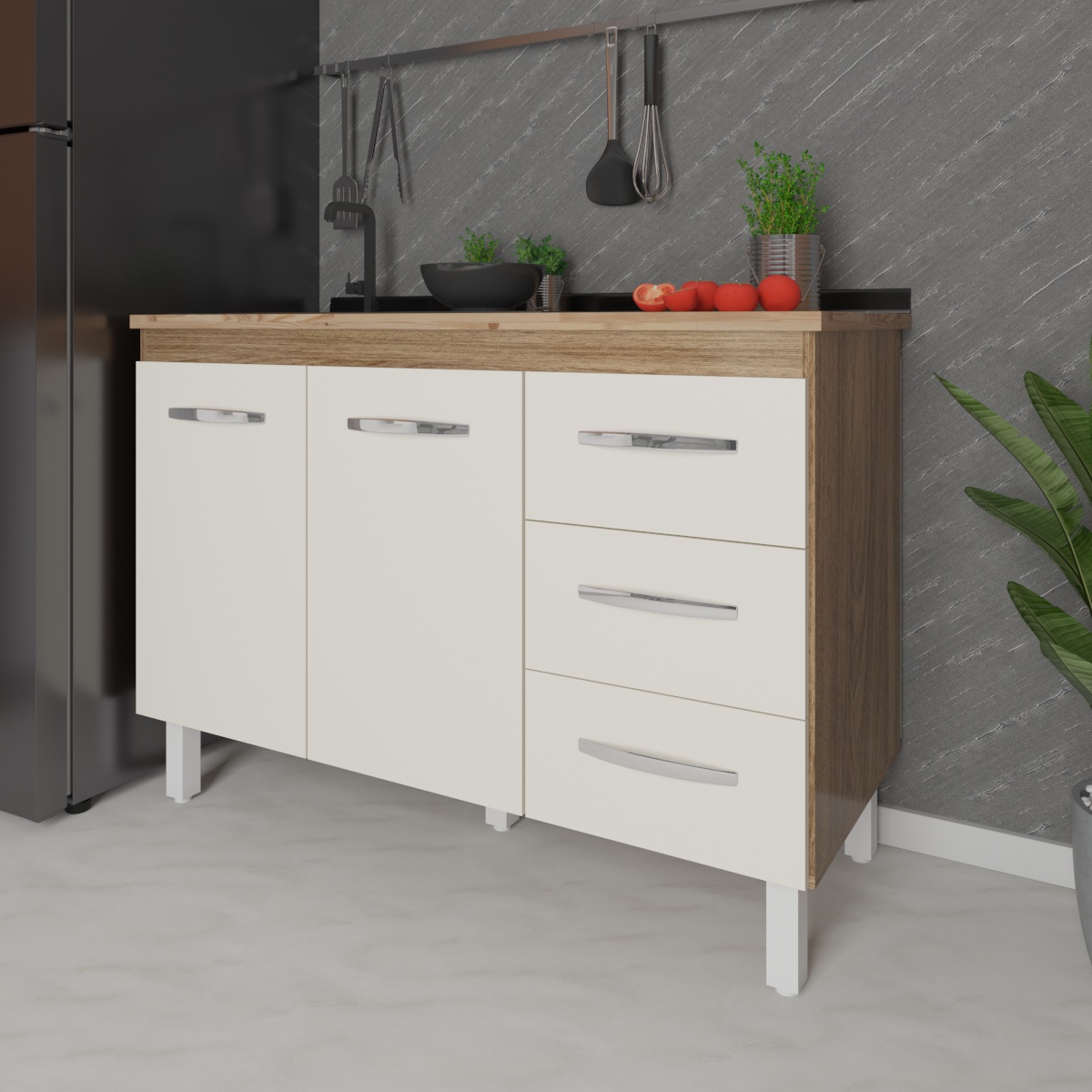 Balcão Armário Gabinete Para Pia de Cozinha 118 cm Bruna 2 Portas e 3 Gaveta Savana Off White 