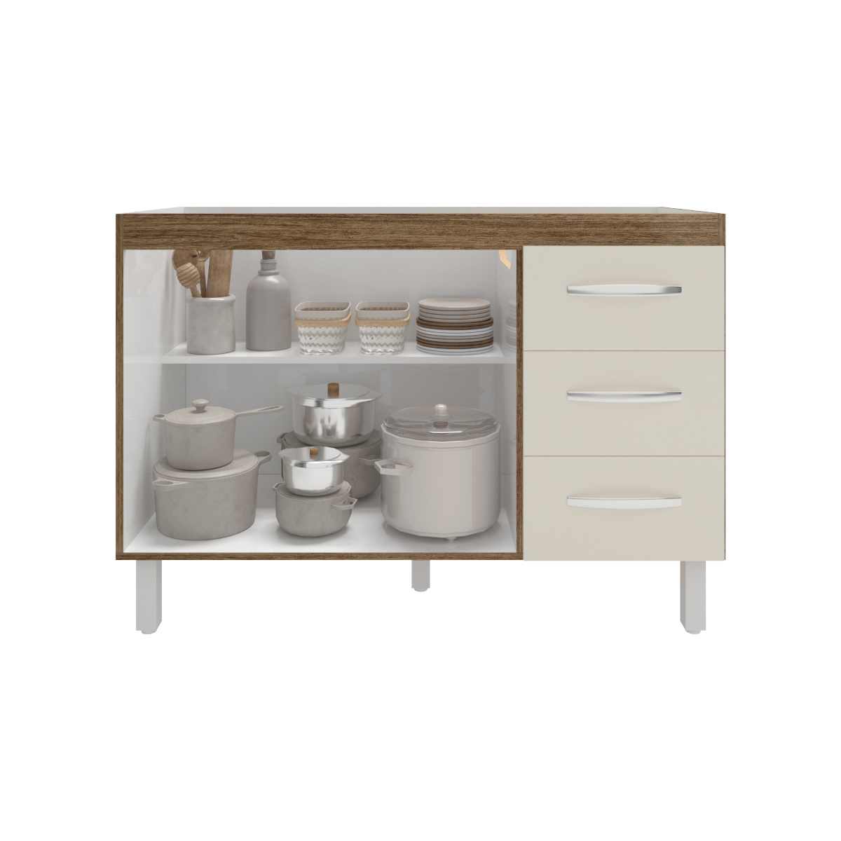 Balcão Armário Gabinete Para Pia de Cozinha 118 cm Bruna 2 Portas e 3 Gaveta Savana Off White 