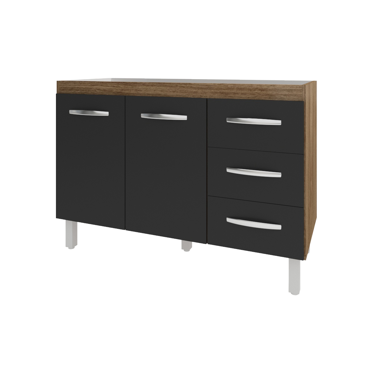 Balcão Armário Gabinete Para Pia de Cozinha 118 cm Bruna 2 Portas e 3 Gaveta Savana Preto 