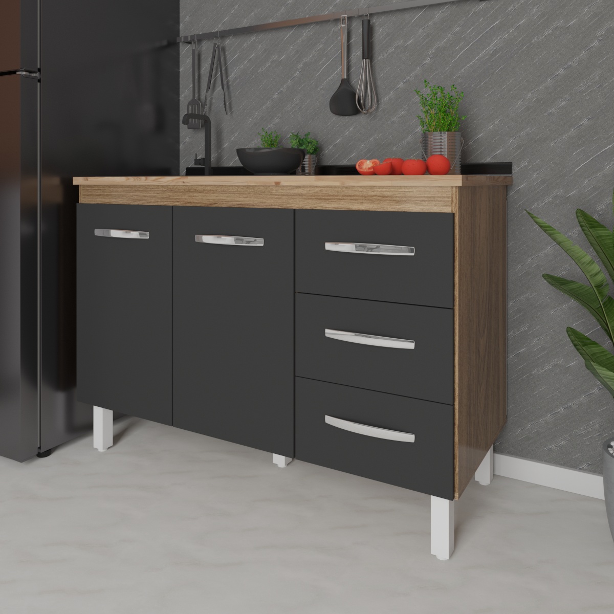 Balcão Armário Gabinete Para Pia de Cozinha 118 cm Bruna 2 Portas e 3 Gaveta Savana Preto 