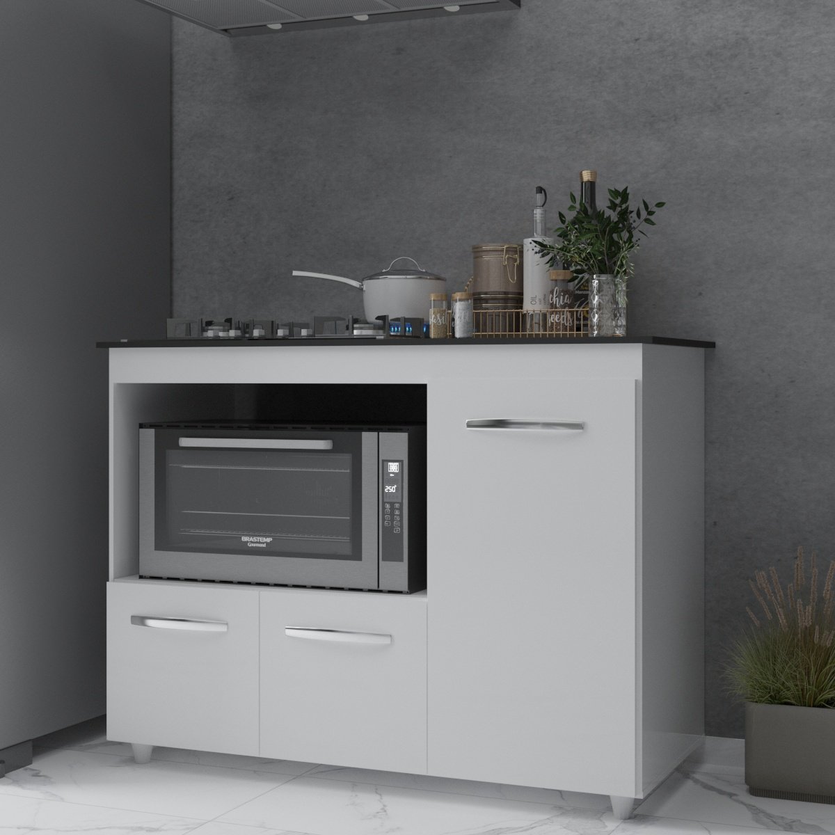 Balcão Armário Gabinete de Cozinha Para Fogão Cooktop 4 Bocas e Forno 3 Portas Alana Mobília Decor Branco 
