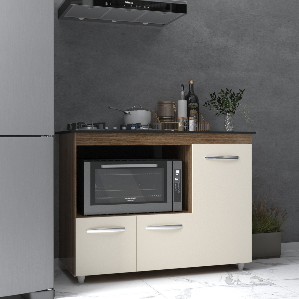 Balcão Armário Gabinete de Cozinha Para Fogão Cooktop 4 Bocas e Forno 3 Portas Alana Mobília Decor Savana Off White 
