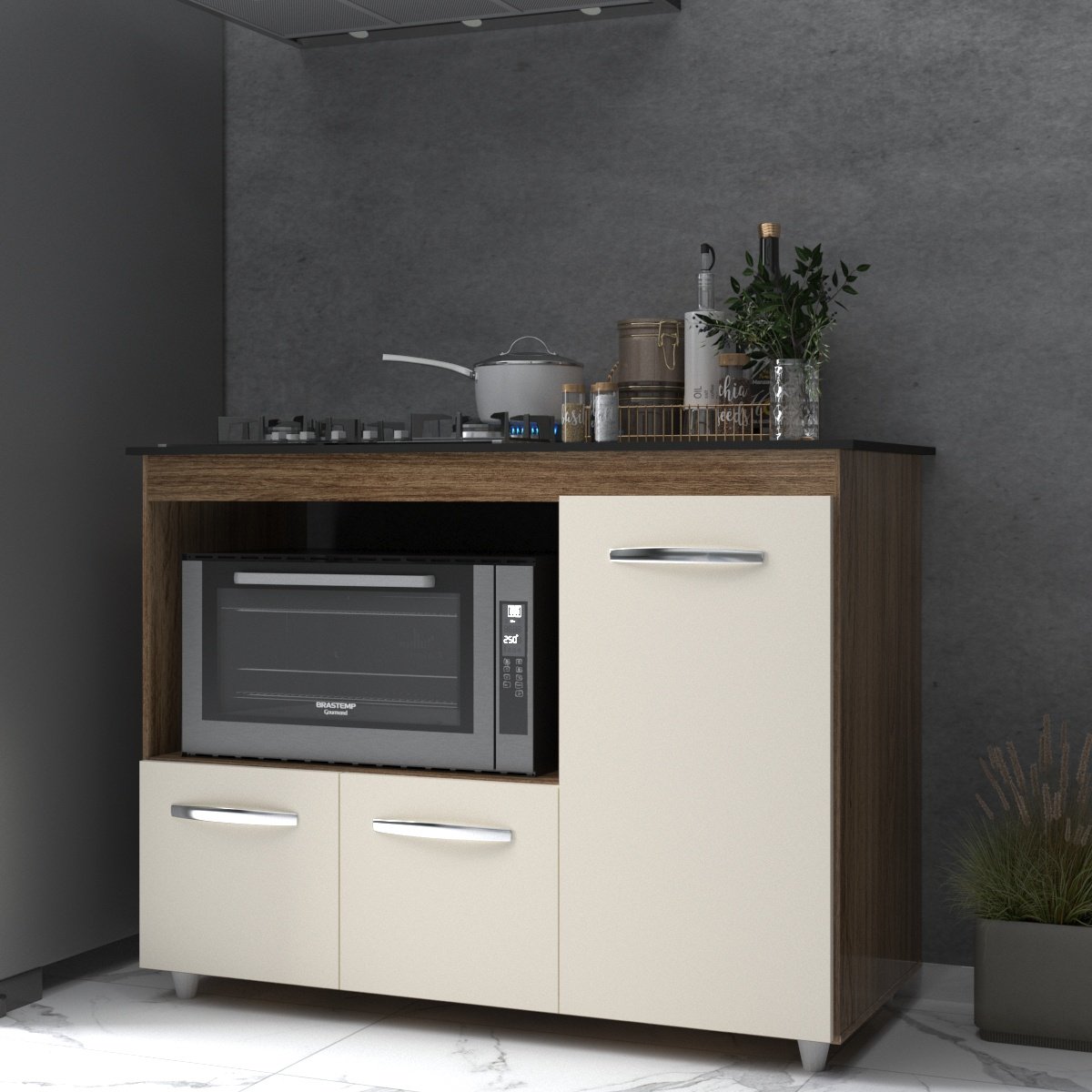 Balcão Armário Gabinete de Cozinha Para Fogão Cooktop 4 Bocas e Forno 3 Portas Alana Mobília Decor Savana Off White 