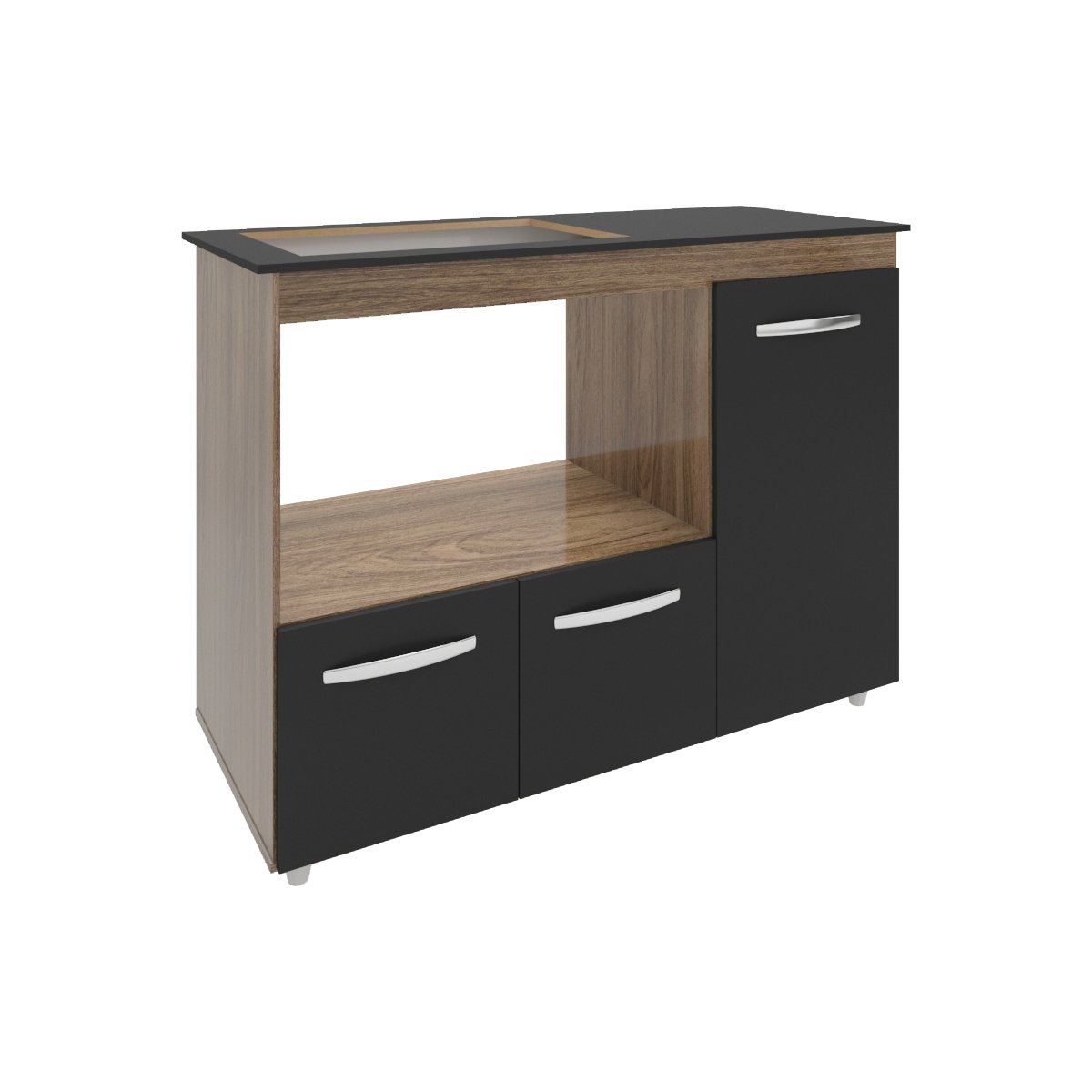 Balcão Armário Gabinete de Cozinha Para Fogão Cooktop 4 Bocas e Forno 3 Portas Alana Mobília Decor Savana Preto 