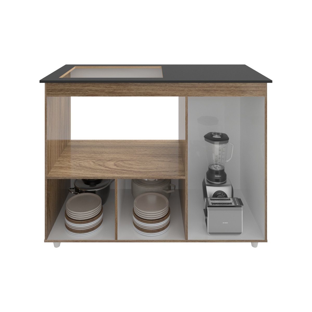 Balcão Armário Gabinete de Cozinha Para Fogão Cooktop 4 Bocas e Forno 3 Portas Alana Mobília Decor Savana Preto 