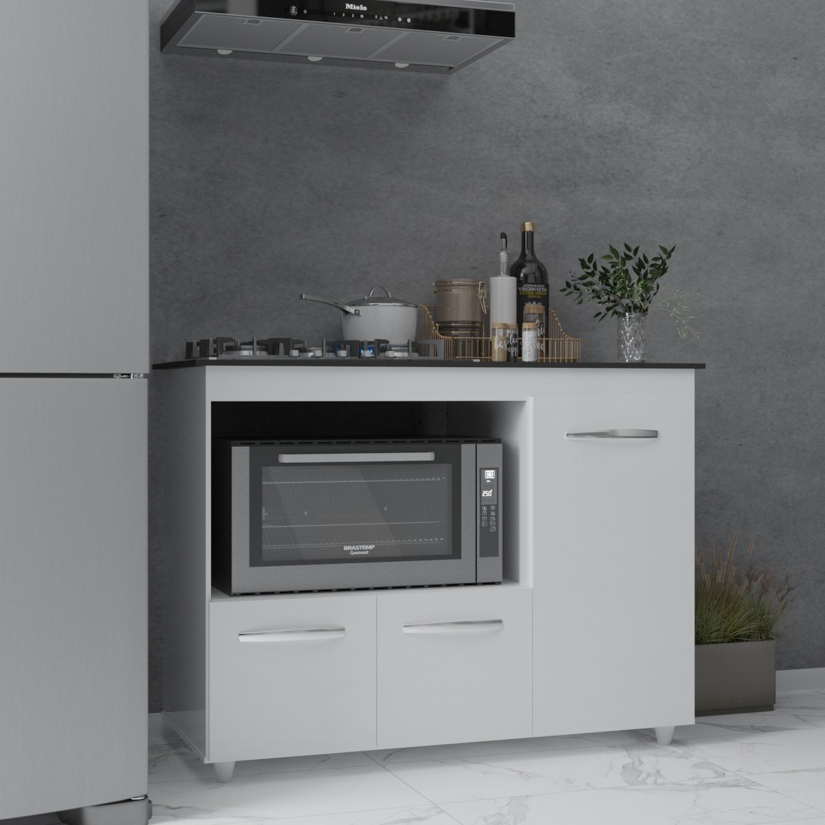 Balcão Armário Gabinete de Cozinha Para Fogão Cooktop 5 Bocas e Forno 3 Portas Alana Mobília Decor Branco 