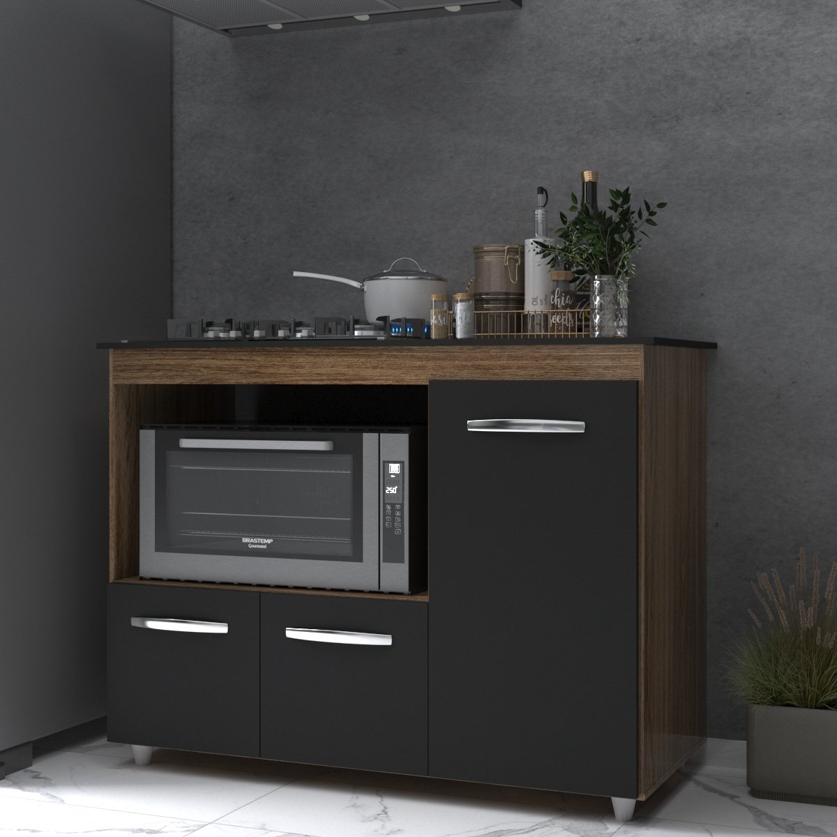 Balcão Armário Gabinete de Cozinha Para Fogão Cooktop 5 Bocas e Forno 3 Portas Alana Mobília Decor Savana Preto 