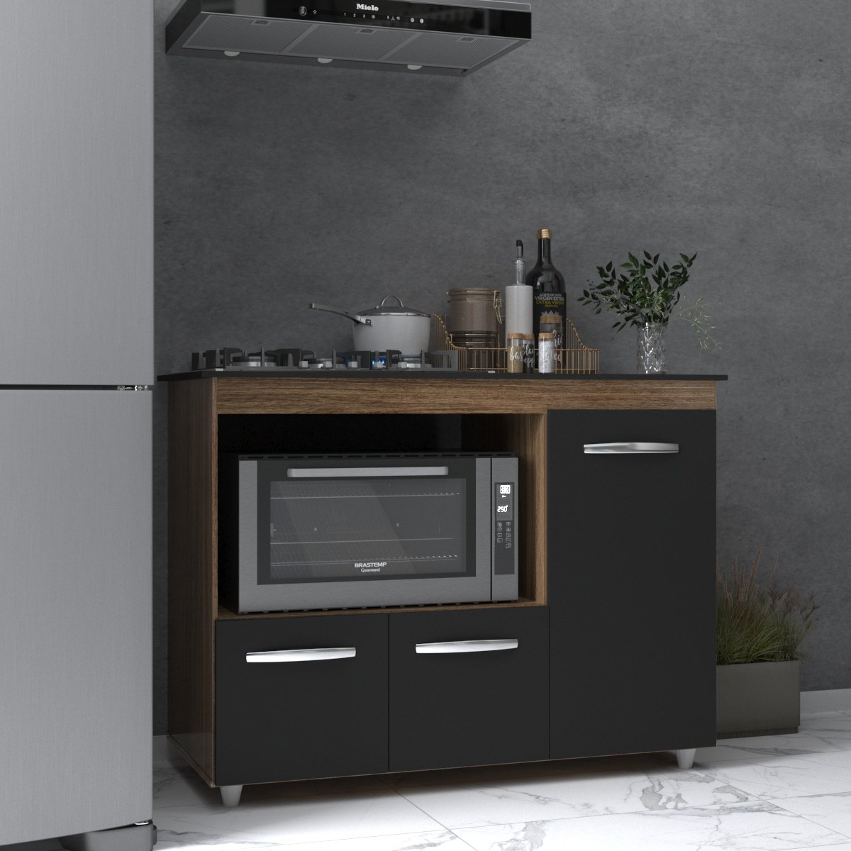 Balcão Armário Gabinete de Cozinha Para Fogão Cooktop 5 Bocas e Forno 3 Portas Alana Mobília Decor Savana Preto 