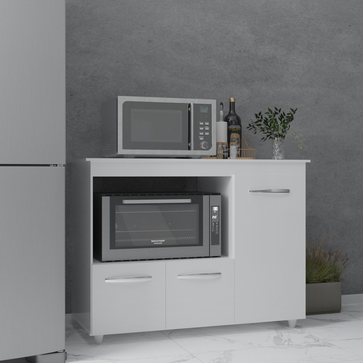 Balcão Armário Gabinete de Cozinha Para Microondas e Forno Elétrico 3 Portas Lilian Mobília Decor Branco 