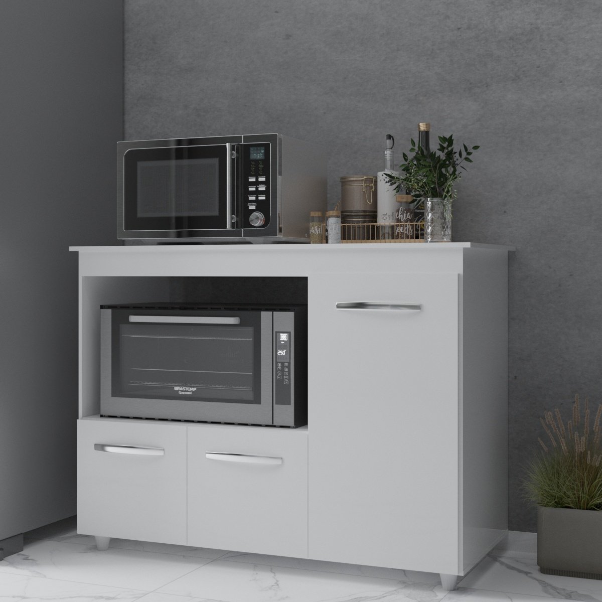 Balcão Armário Gabinete de Cozinha Para Microondas e Forno Elétrico 3 Portas Lilian Mobília Decor Branco 